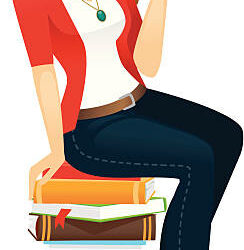 A beautiful woman reading while sitting on a pile of books. Her glasses are easily removed in Ai, as is the book she is holding and the stack of books beneath her.